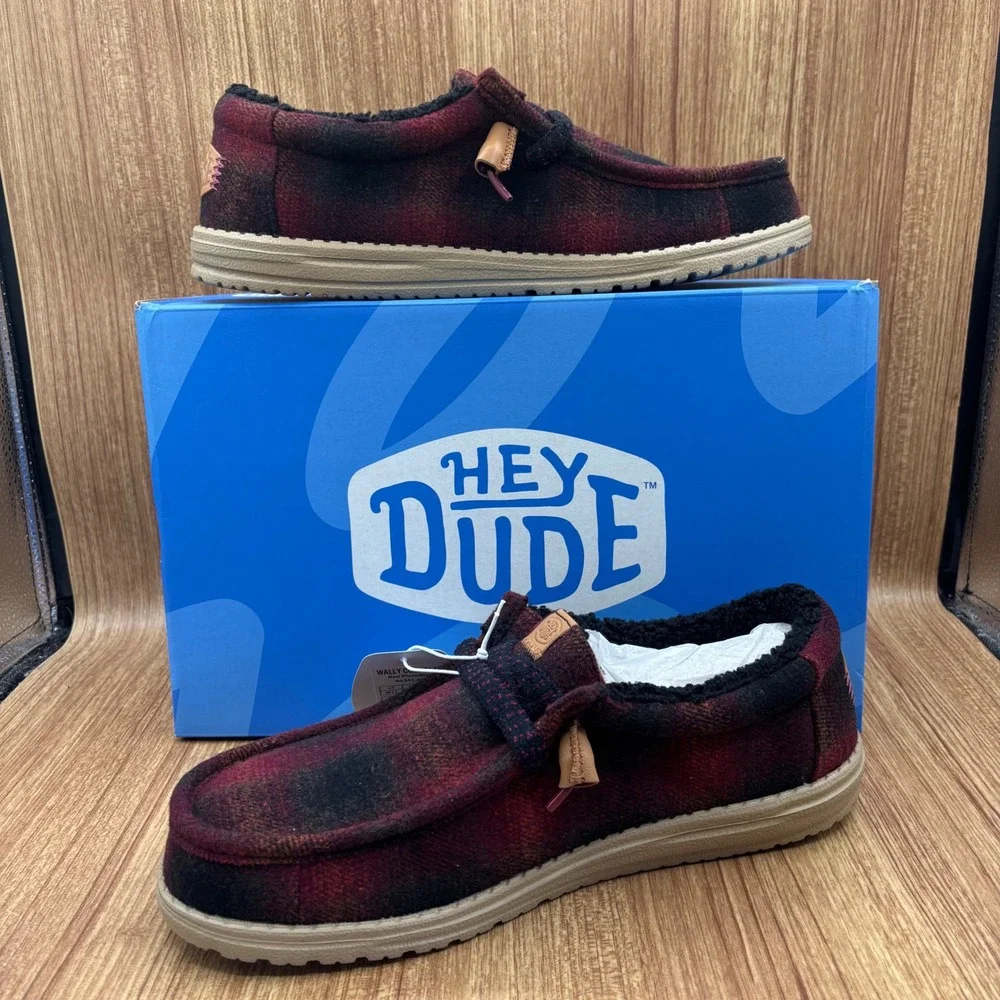 Hey Dude Wally Cozy Plaid‎ Mens Size 11 Red Black Buffalo Check Moccasins NEW